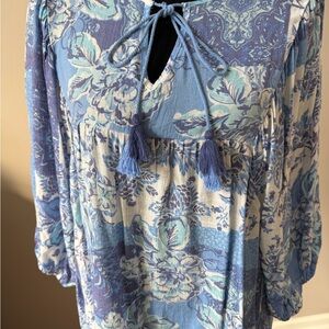 Unique Spectrum Floral Blue & White Semi Sheer Balloon Sleeve Blouse Large